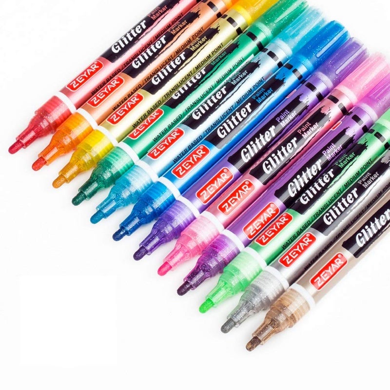 ZEYAR Glitter Paint Pens, Water-based, Medium Point, 12 Colors, Great for Greeting Card, Posters, Albums, Gift cards and ONLY Light-Colored Surfaces - Image 1